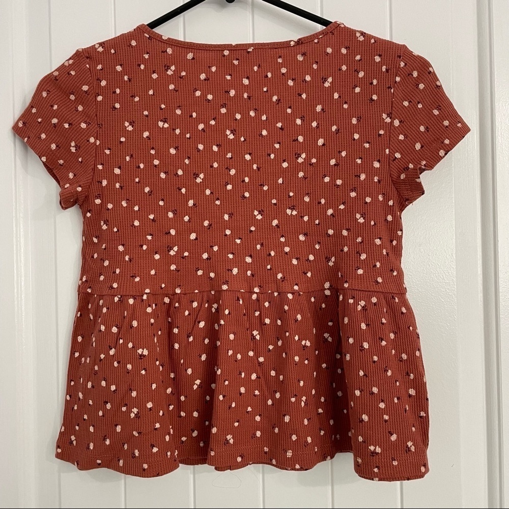 Pink Rose Waffle Knit Rust Orange Floral Prints Crop Top - Picture 4 of 6